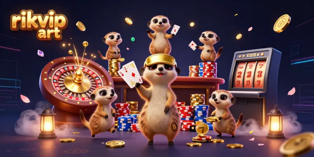 Experience the excitement at rikvip art with meerkats running a bustling casino filled with stunning visuals.
