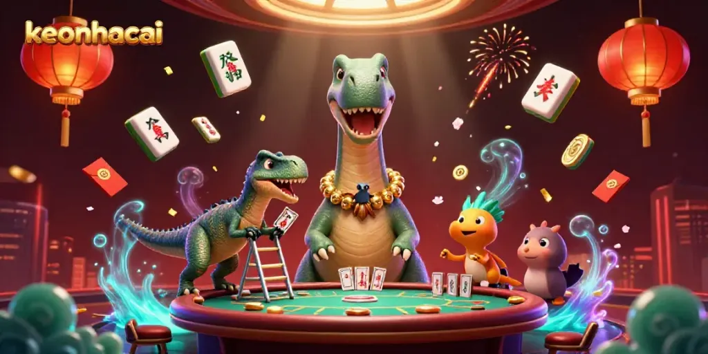 Experience the excitement of keonhacai with our dynamic illustration featuring a giant brontosaurus and clever raptor at the casino.