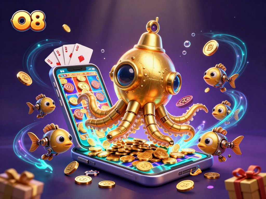 O8 dives into the thrill of slots gameplay with gold coins and vibrant slot reels.