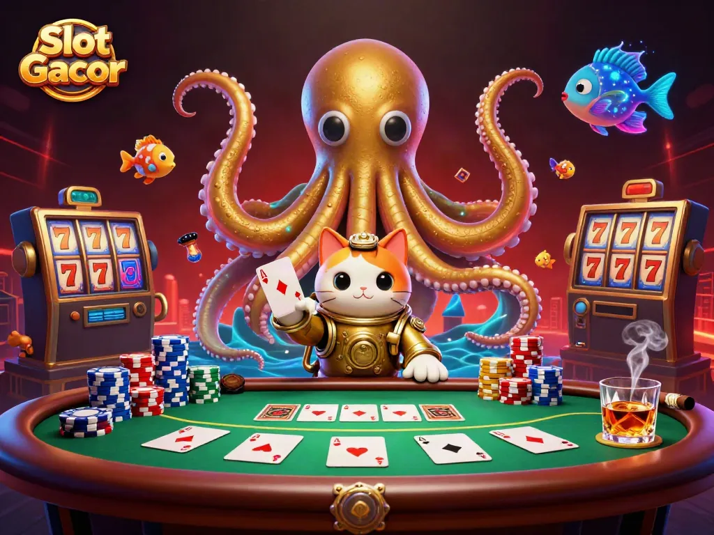 Menang besar dengan Slot Gacor di kasino digital, simbol jackpot dan permainan seru.
