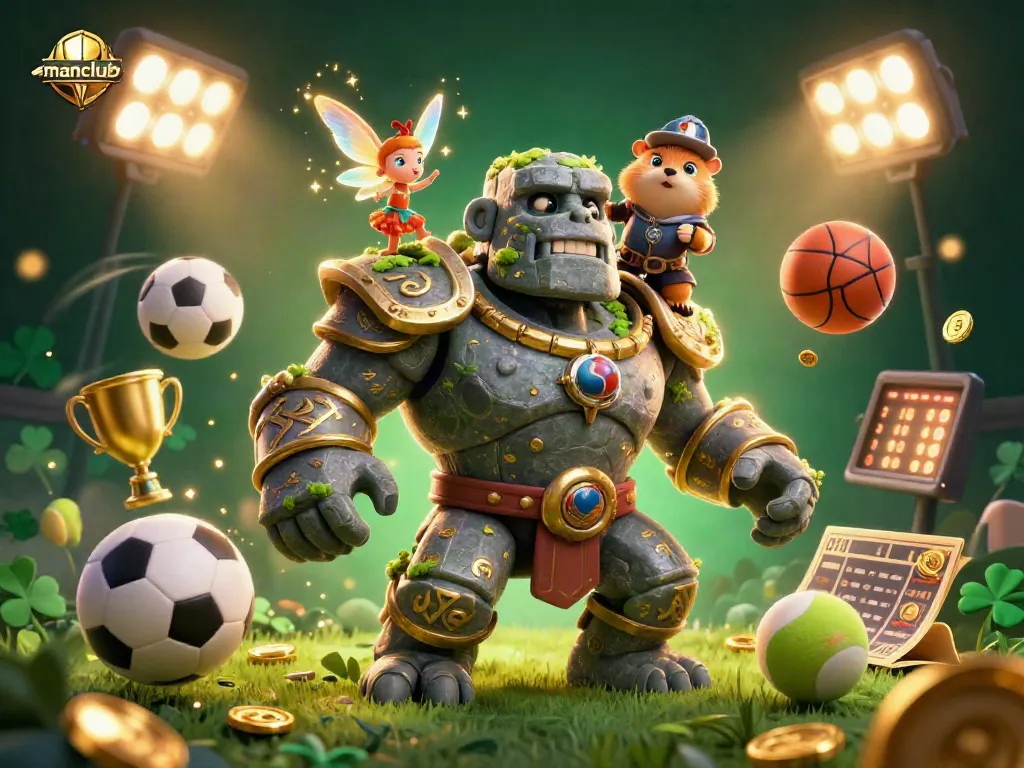 Experience thrilling manclub gameplay, where the stone golem guardian comes alive amid vibrant casino elements.