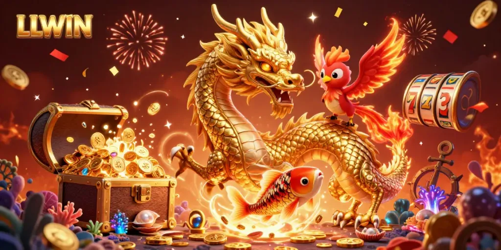 Experience the thrill of LLWIN with this vibrant 3D dragon and phoenix casino illustration.