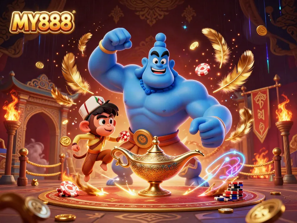 Experience thrilling gaming with MY888 in this enchanting casino illustration featuring a genie and a monkey.
