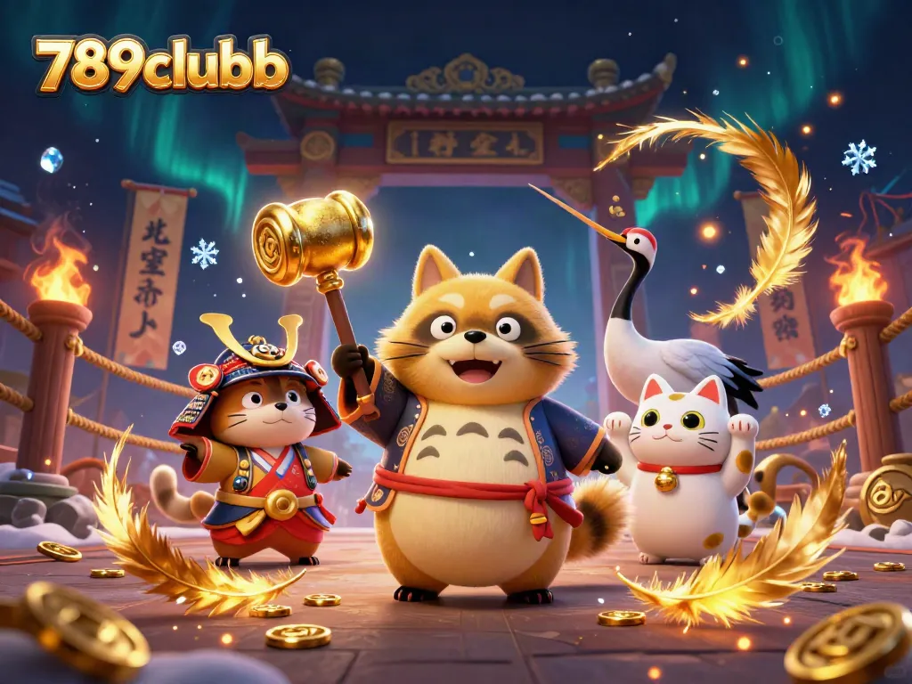 Experience the excitement of 789clubb with a 3D illustration of a cheerful raccoon and lucky symbols.