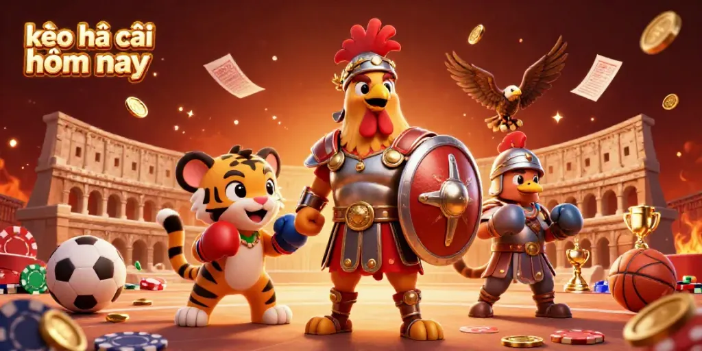 Illustration showcasing kèo nhà cái hôm nay with a 3D rooster warrior in a sports betting arena.