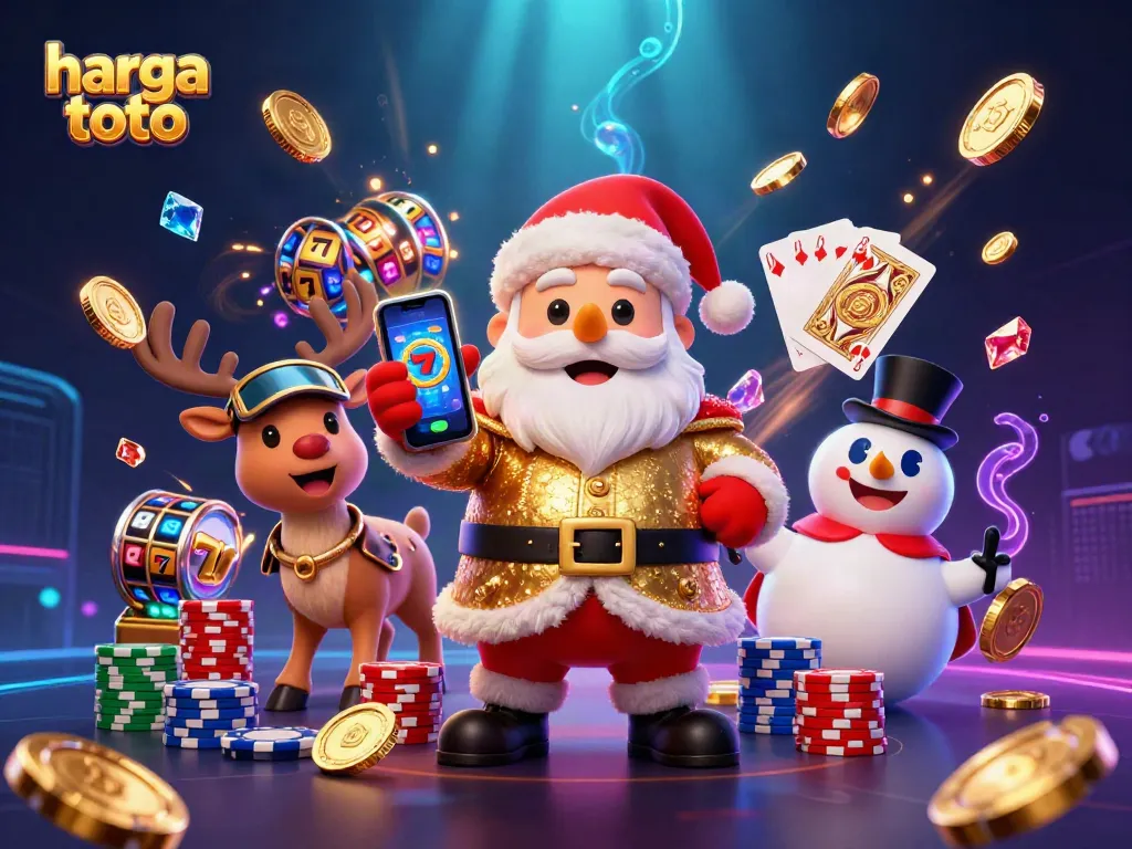 Experience exciting jackpots on harga toto with cartoon Santa and friends in a vibrant casino scene