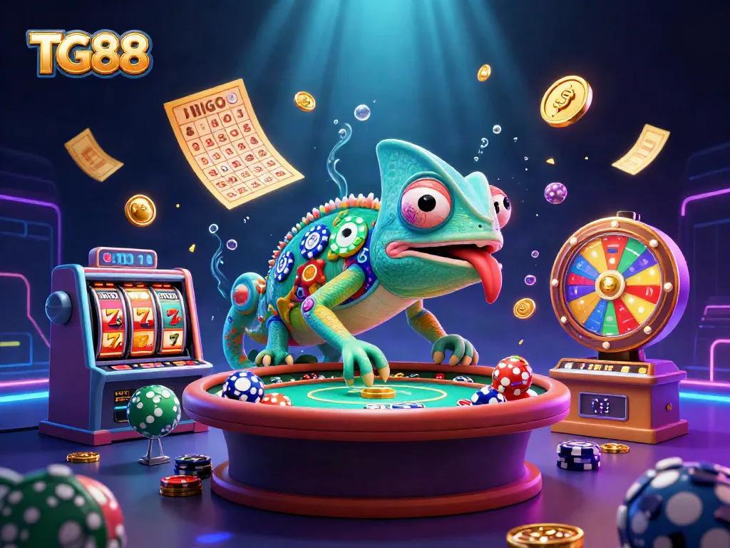 Experience thrilling gameplay with TG88, featuring a dynamic casino scene with colorful slot reels and vibrant game elements.
