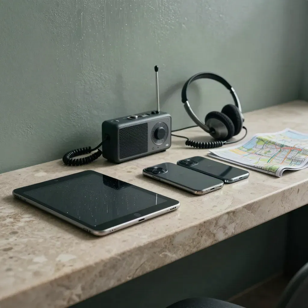 Rain-dim newsroom command table with tablet, phones, radio, headset and folded map at dawn.