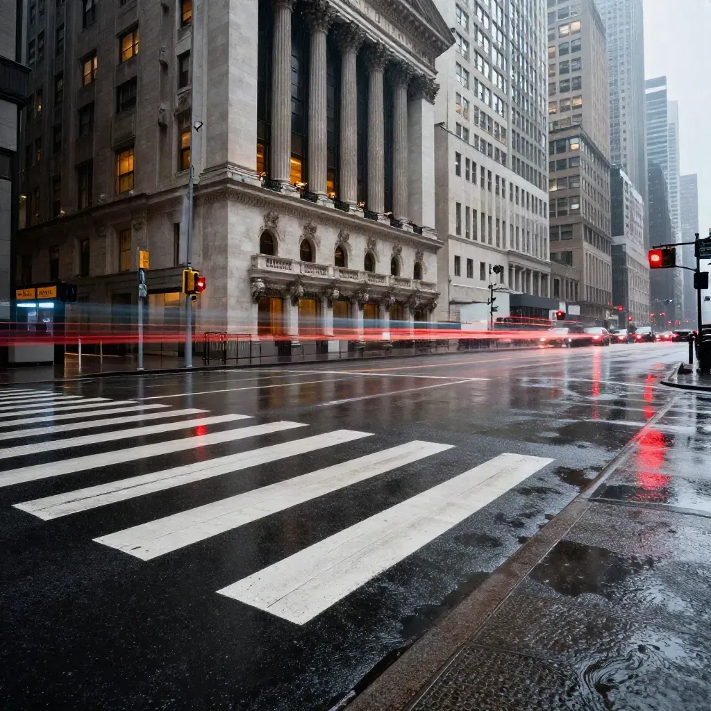 Rainy Wall Street at night with traffic streaks and tower reflections in puddles.