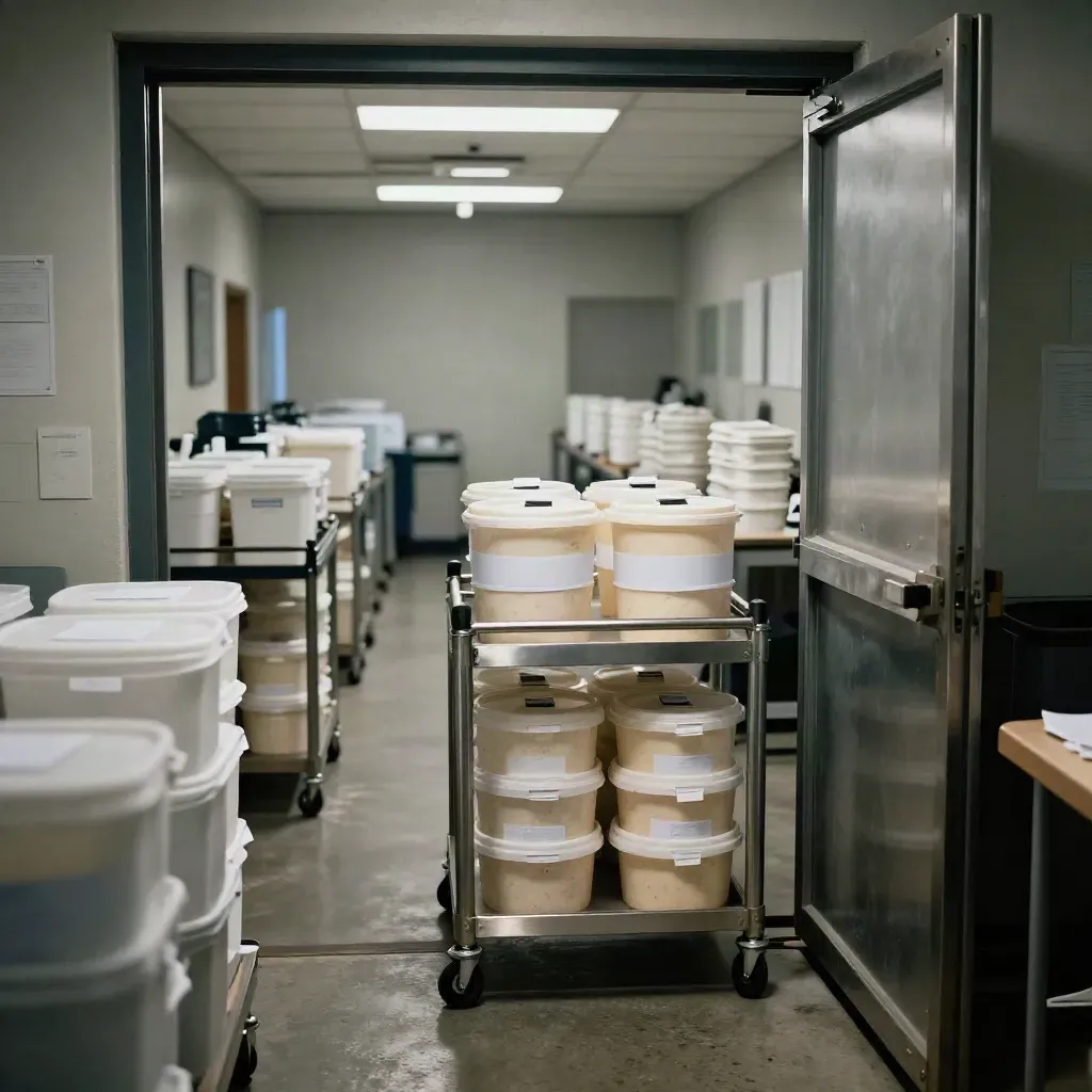 Ballot tubs and a tabulator cart rolling through a county counting room under hard light.