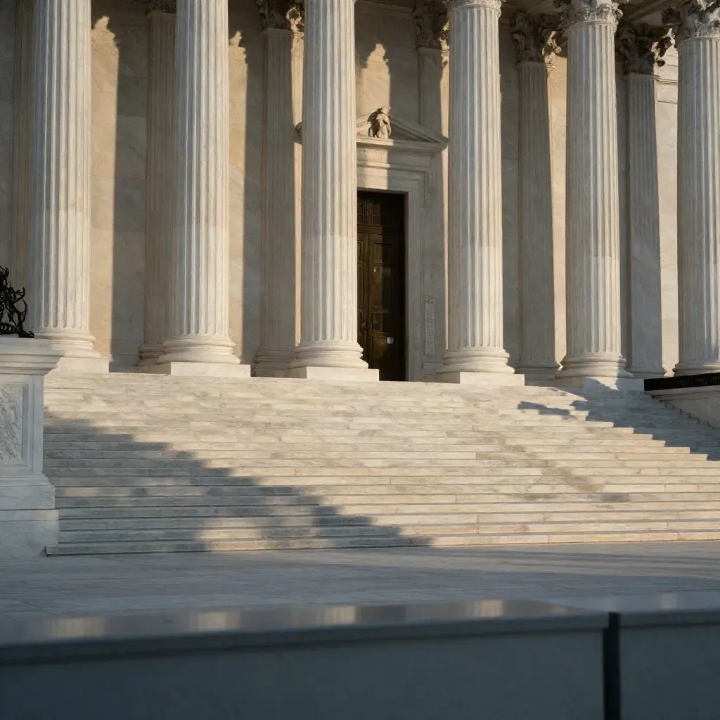 Low-angle view of the Supreme Court steps and closed doors in late-afternoon light.
