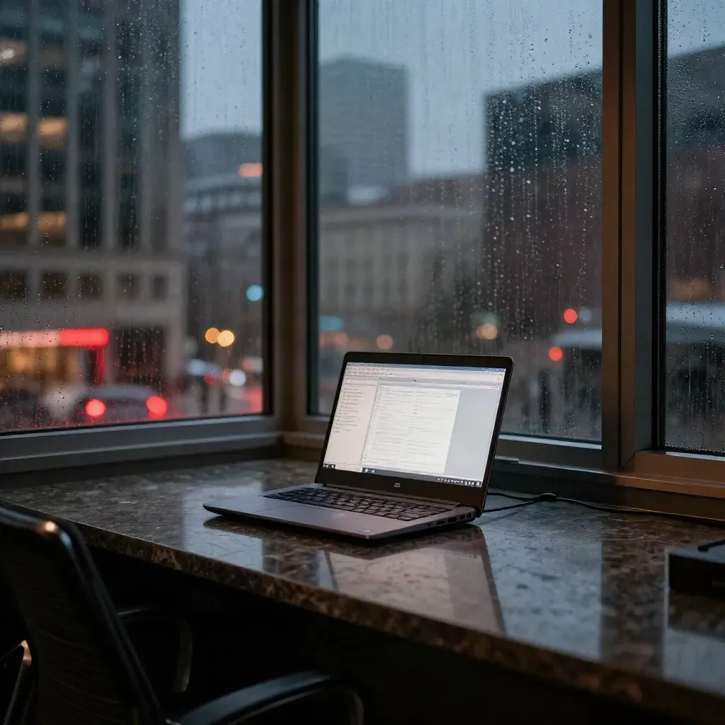Rainy finance office corner with glowing terminal, closed laptop, and city lights at dusk.