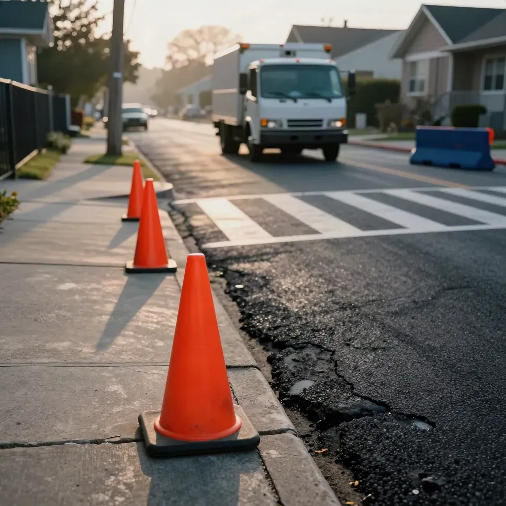 Street repair by a school crosswalk with cones, a utility truck, and fresh asphalt at sunrise.