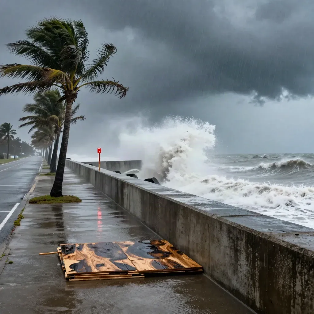Rain lashed Gulf Coast seawall with bent palms, plywood, and waves spraying over barrier.