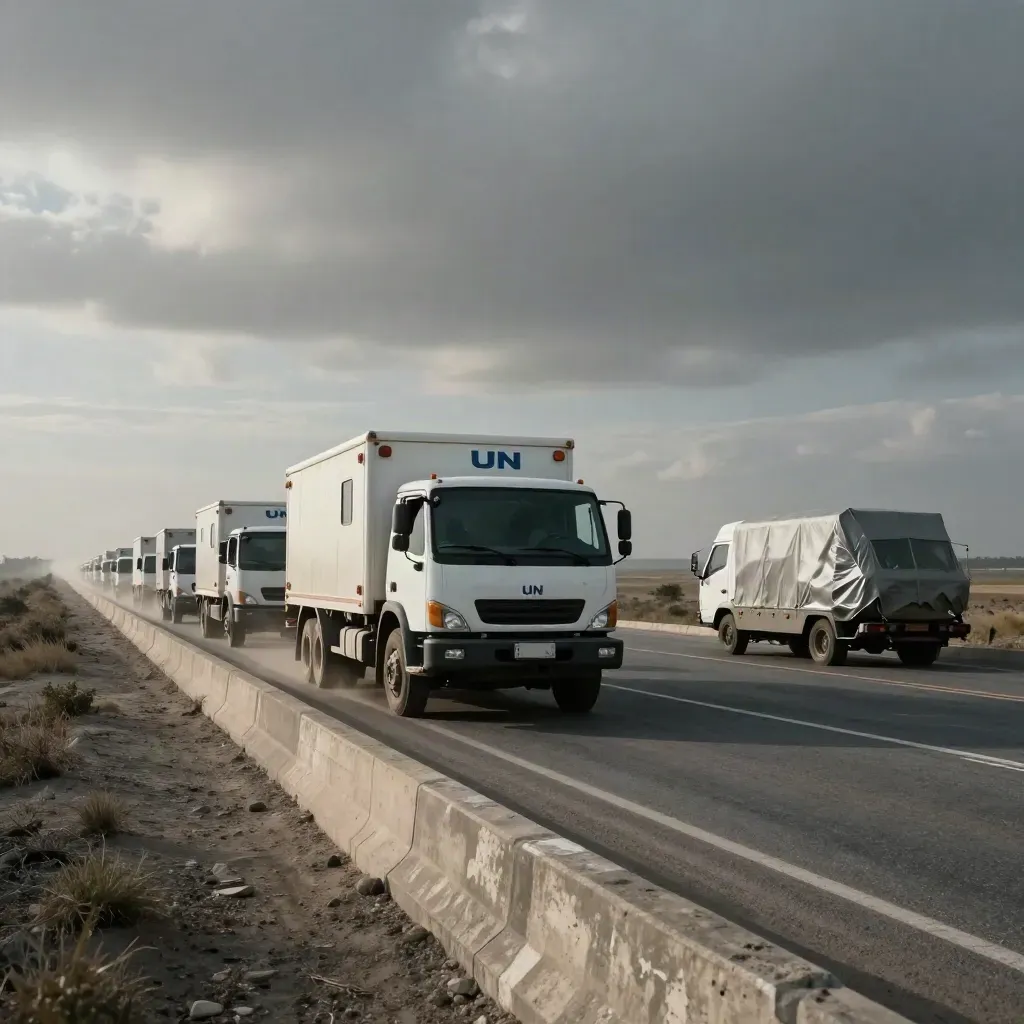 UN relief convoy waits on a gray border road under smoke-filled clouds