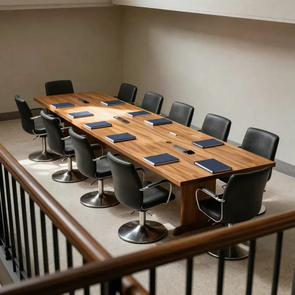Empty capitol committee room, oak table, navy binders, chairs, tense late-session mood