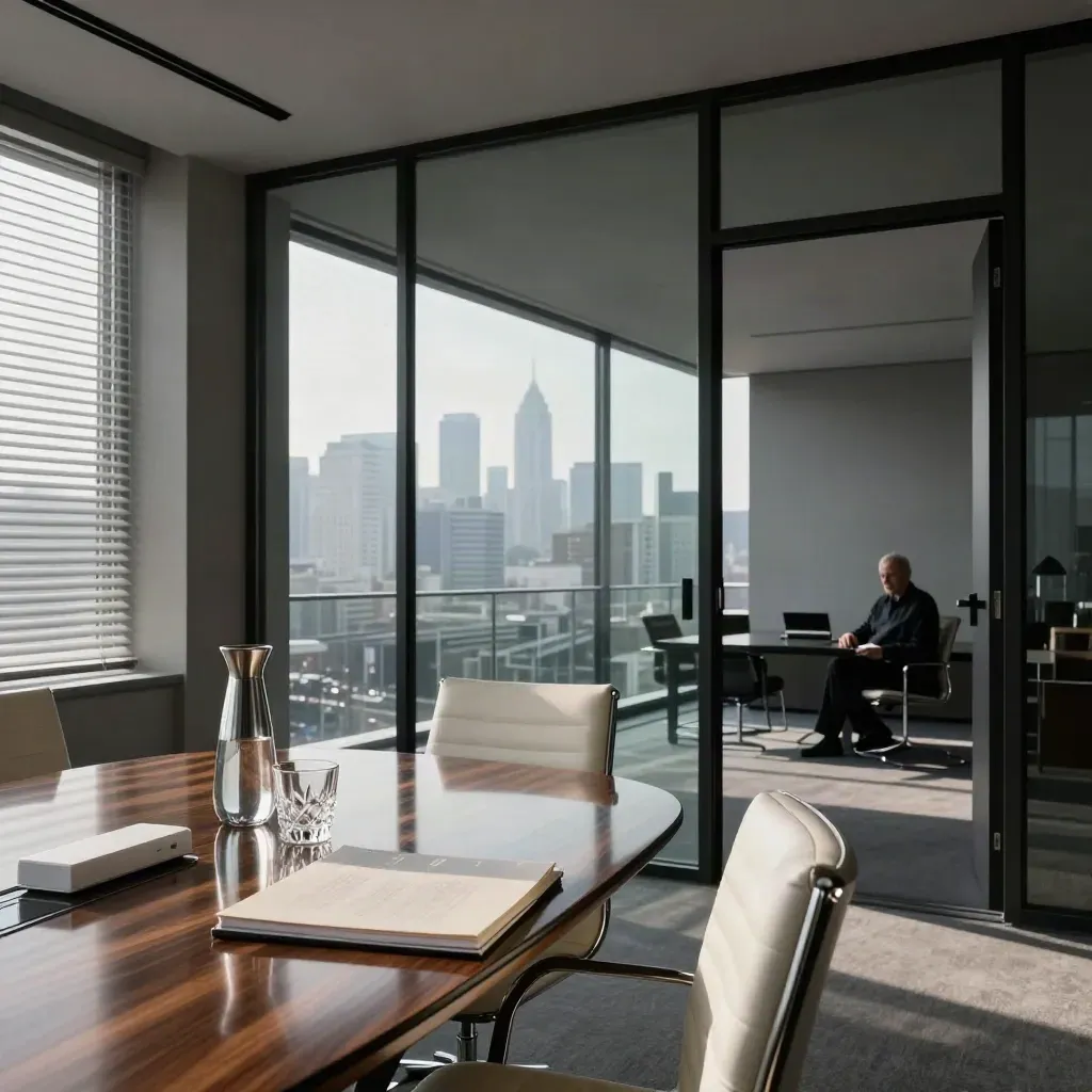 Empty glass finance room with blinds, polished table, and skyline in tense morning light.