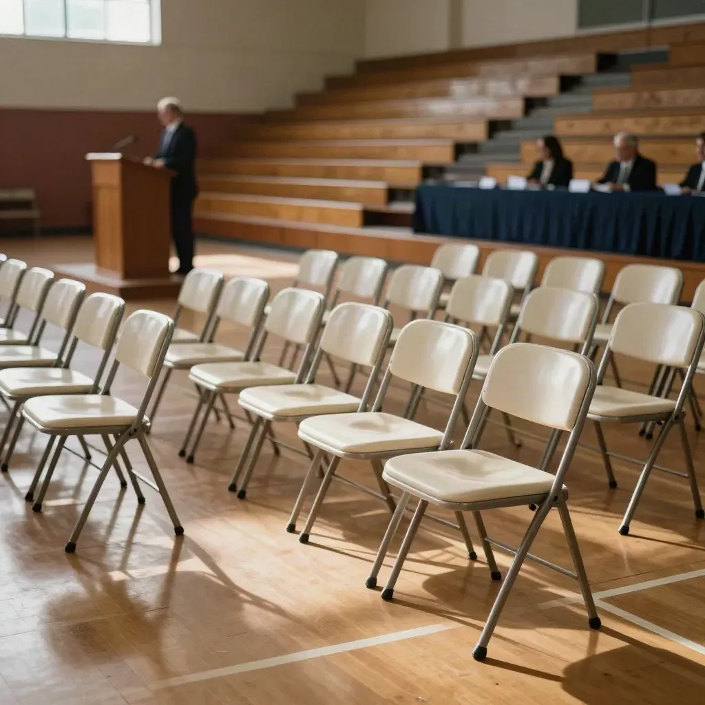 Empty school gym arranged for a budget hearing, with chairs, podium, bleachers, and warm window light.