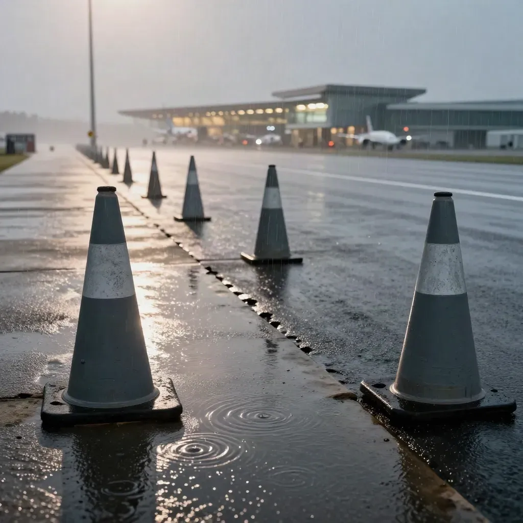 Rain-swept airport runway edge with cones, puddles, and blurred terminal glow.