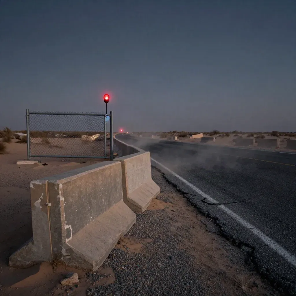 Blocked desert border road with concrete barriers, chain-link gate, and distant patrol lights at dusk.