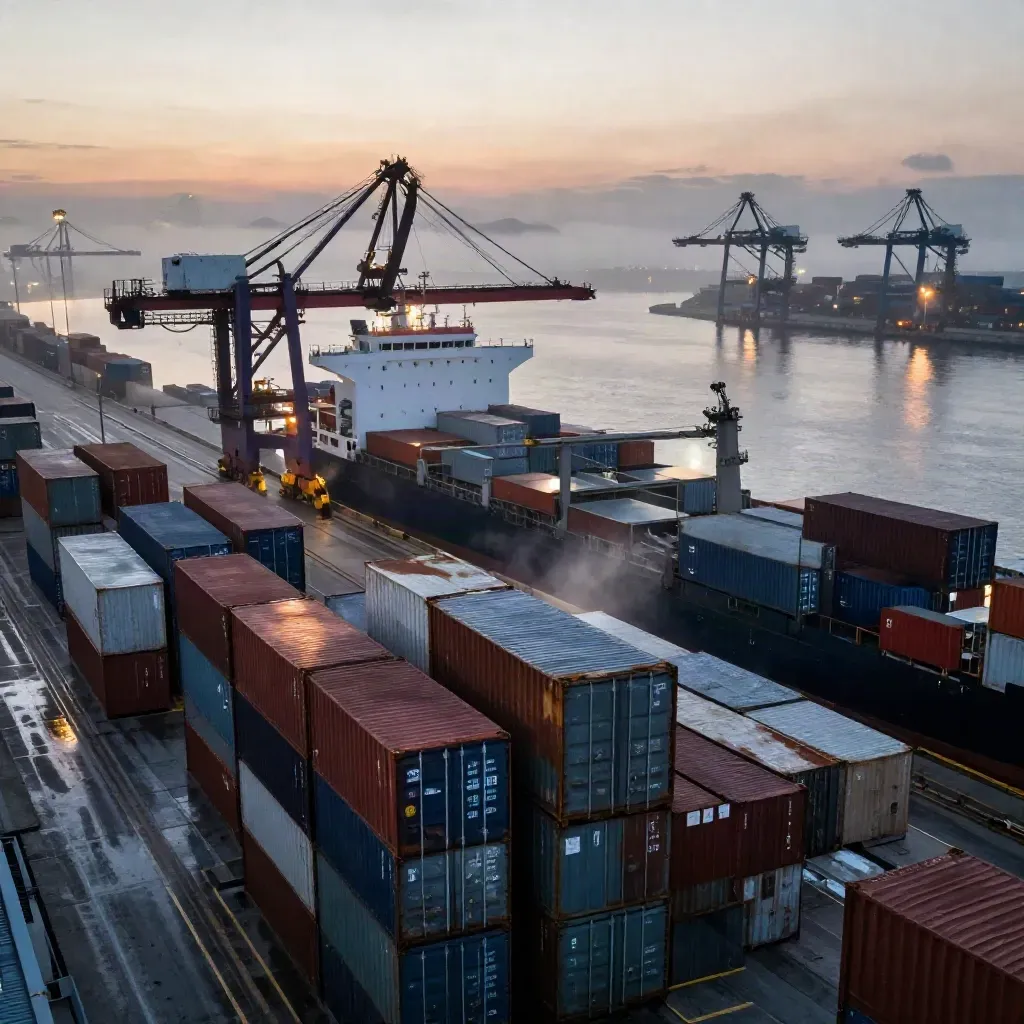 High dawn view over stacked containers, crane arm and cargo ship in harbor mist.