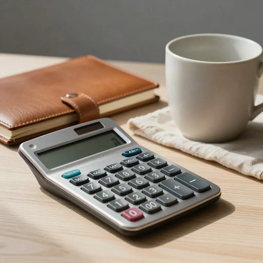 Brushed metal calculator, leather notebook, and ceramic cup on pale oak in soft window light.