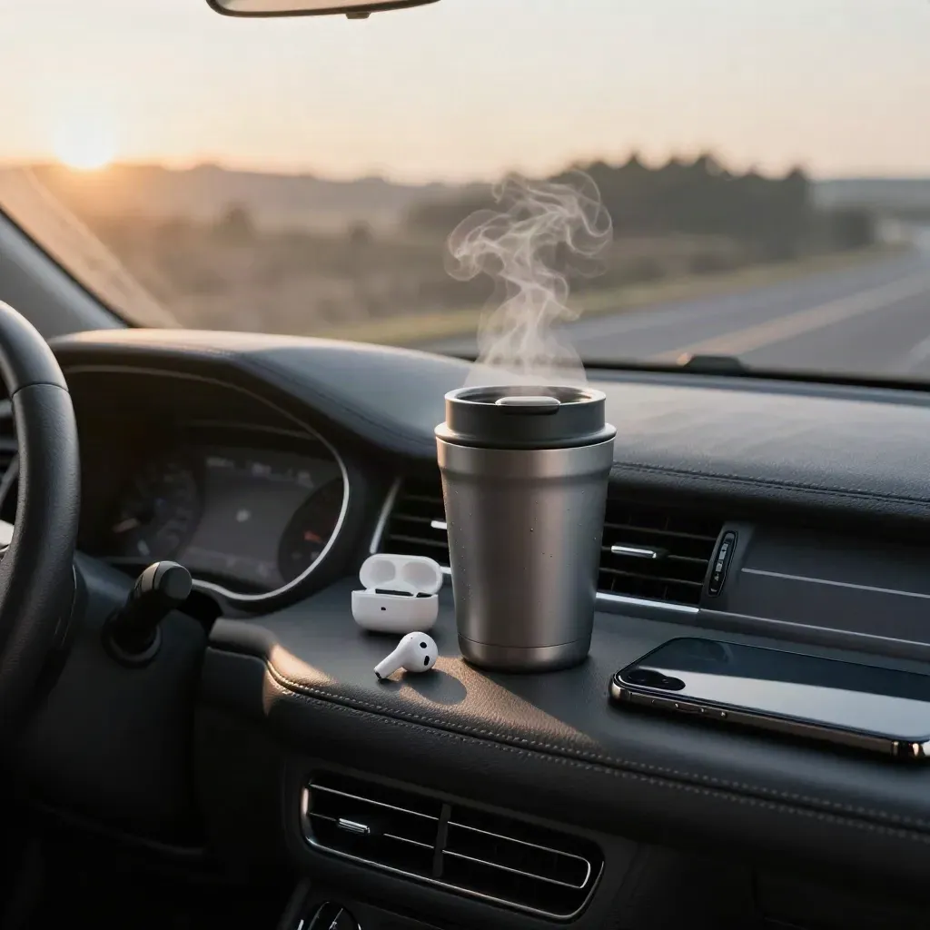 Earbuds, travel mug, and face-down phone on a sunrise-lit car dashboard
