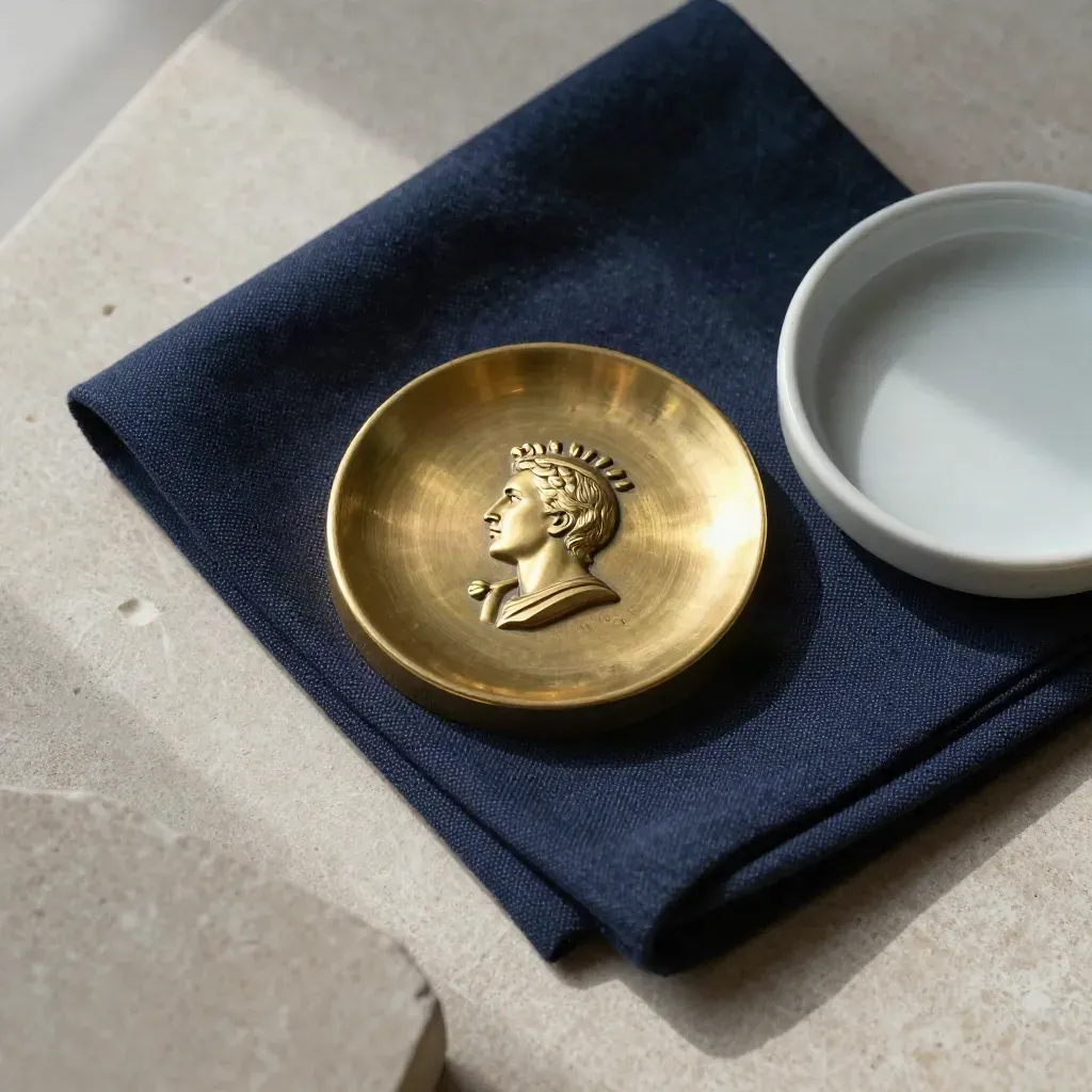 Brass civic seal paperweight with navy cloth and ceramic dish on pale stone, overhead flatlay