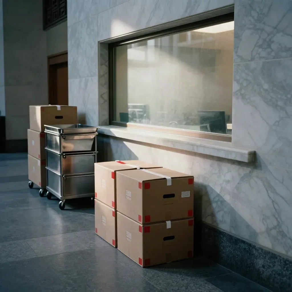 Marble courthouse intake corridor with file boxes, metal trays, and frosted glass window