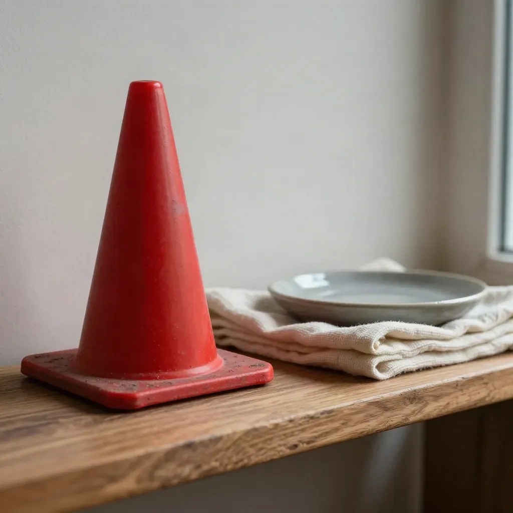 Mini road cone, folded cloth and ceramic tray on raw wood in soft window light.