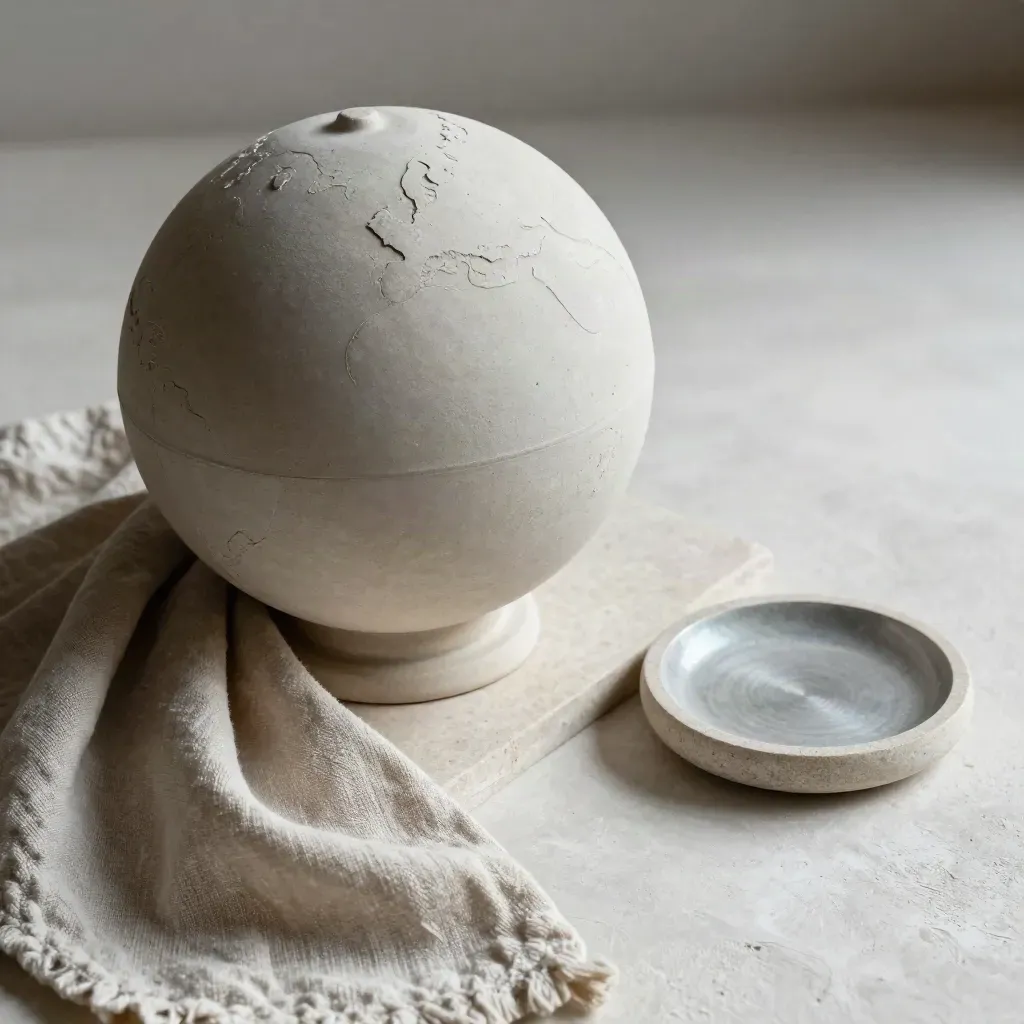 Matte ceramic globe with linen and stone dish on pale plaster tray.