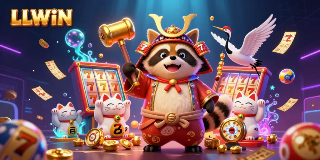 Experience the excitement of LLWIN with a vibrant 3D illustration featuring a lucky tanuki and colorful slot elements.