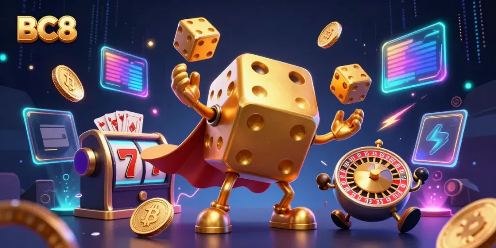 Engage with BC8's vibrant online casino experience through dynamic golden dice and captivating slot elements.