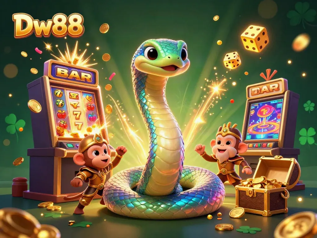 Experience the excitement of Dw88 with vibrant casino elements and enchanting characters in a dynamic illustration.