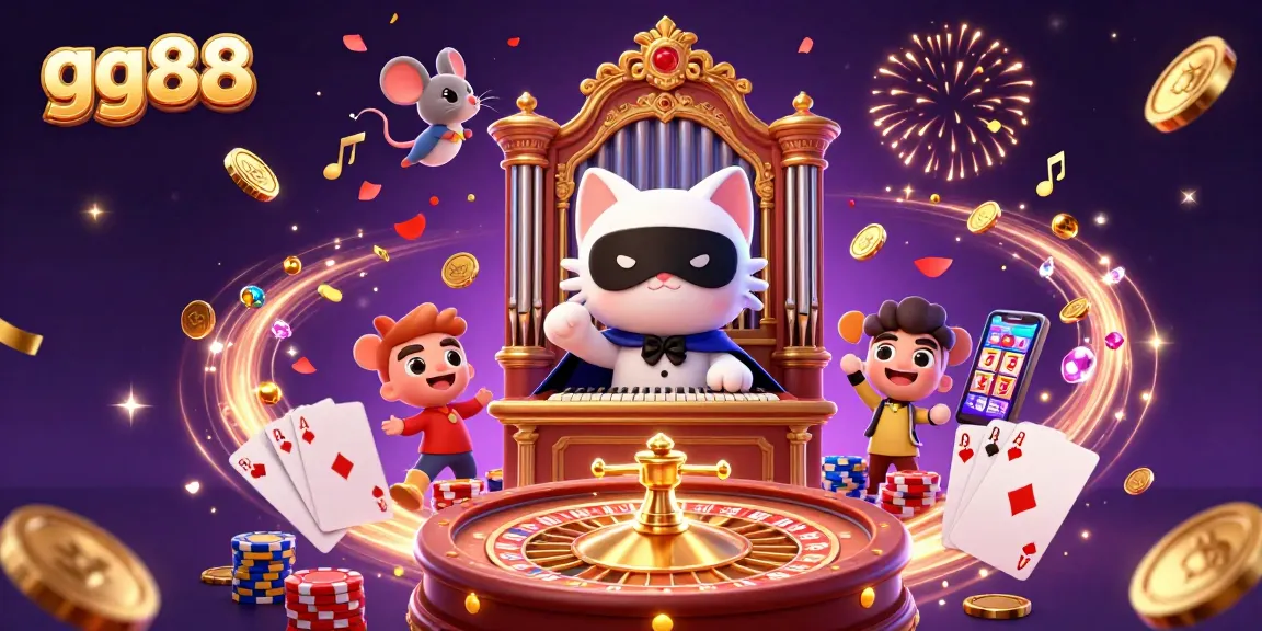Experience the thrill with gg88 as the phantom cat plays on the organ amidst golden coins and exciting casino action.