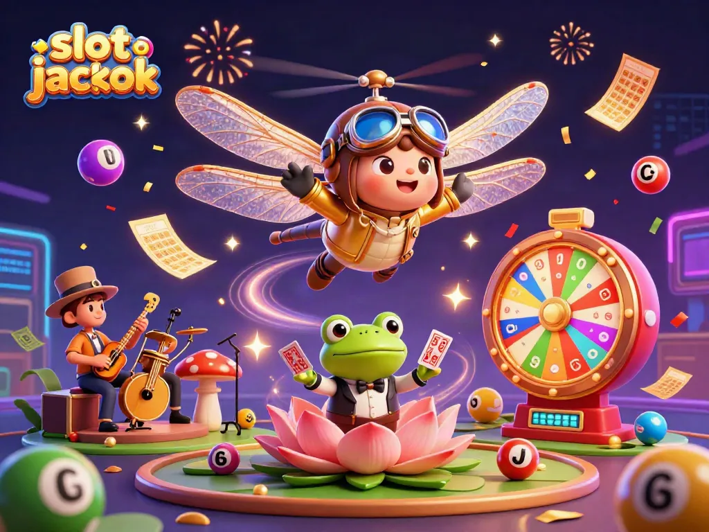 Permainan slot jackpot menyenangkan di kasino dengan karakter kartun menarik, croupier katak, dan musik jazz.