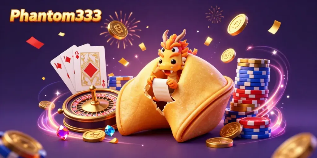 Experience dynamic casino fun with Phantom333, featuring a golden fortune cookie and vibrant game elements.