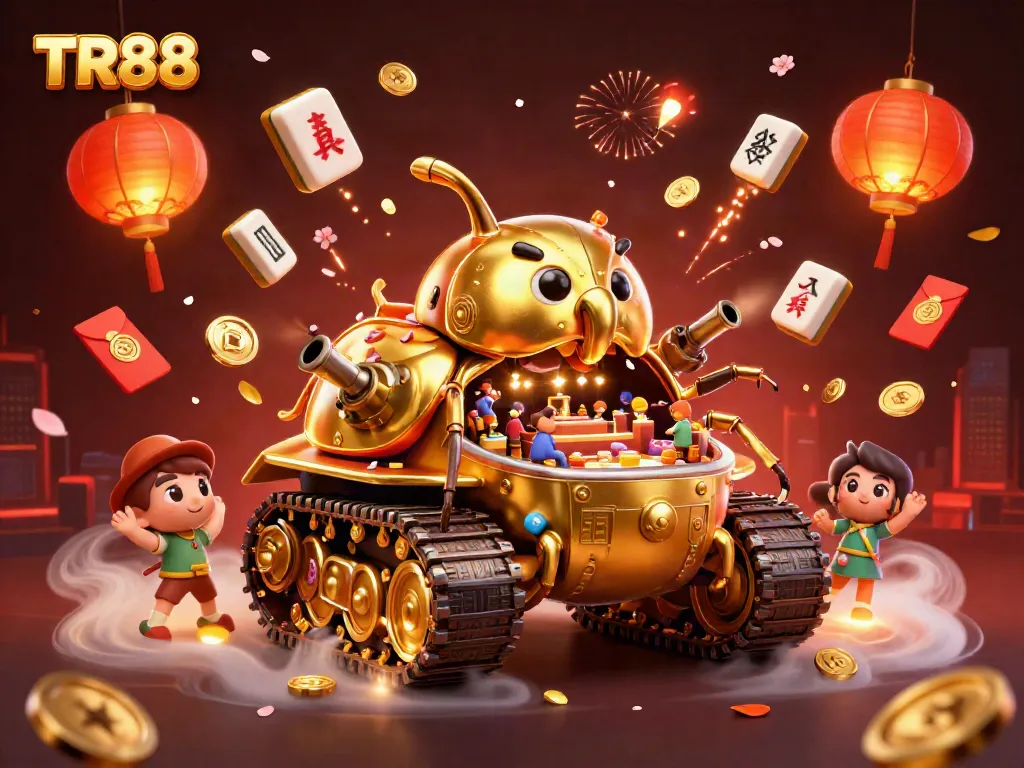 Engage with TR88's vibrant casino scene featuring a golden tank with festive elements.