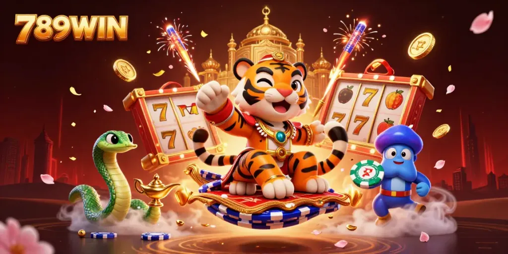 Join the excitement of 789WIN with dynamic slot reels, vibrant characters, and a magical grand setting.
