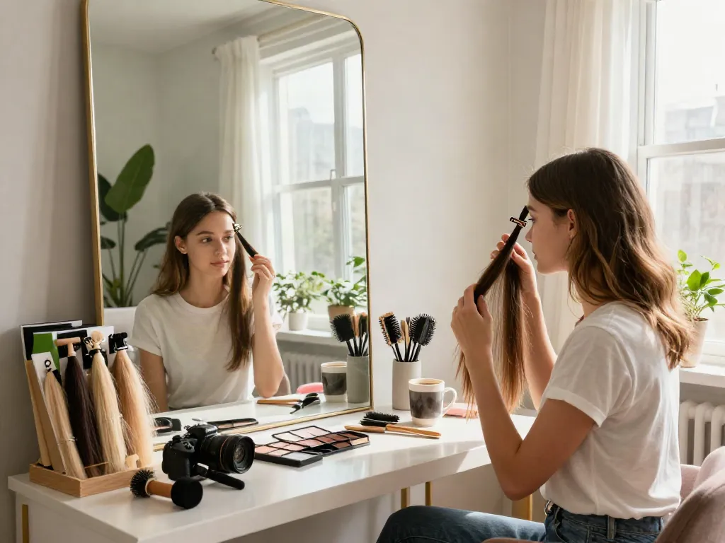 Clip ins for thin hair applied by a young woman at a stylish vanity.
