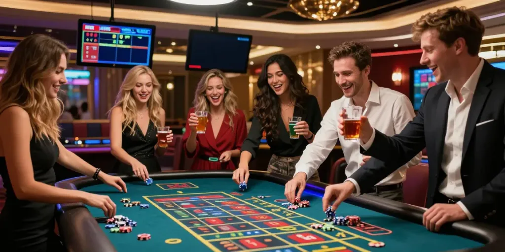 vin88 players celebrating at a roulette table in a vibrant casino atmosphere
