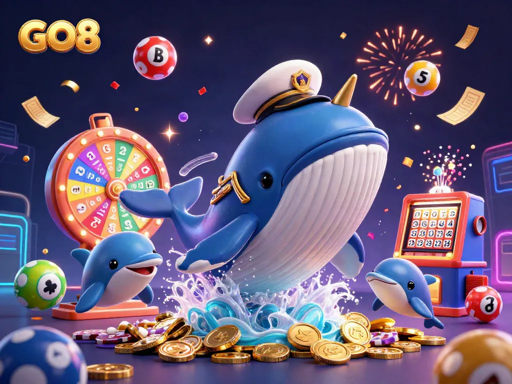 GO8 casino scene featuring a whale in a captain's coat surrounded by coins and vibrant lottery elements.