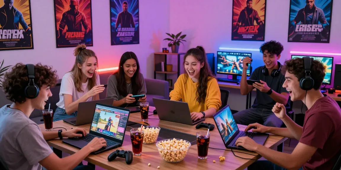 Enjoy a lively gaming room with friends playing sex games online on various devices, showcasing a fun adult gaming atmosphere.