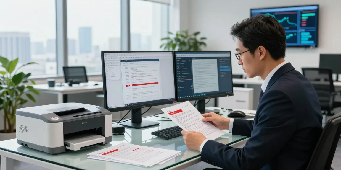 Forensic analyst conducting document fraud detection analysis in a modern office.