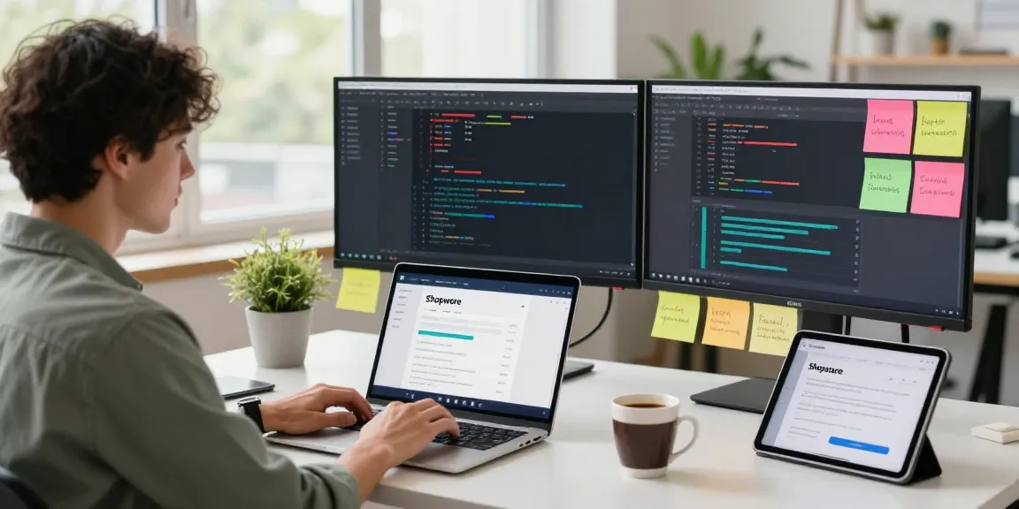 Developer working on Shopware Agency solutions in a modern office setting