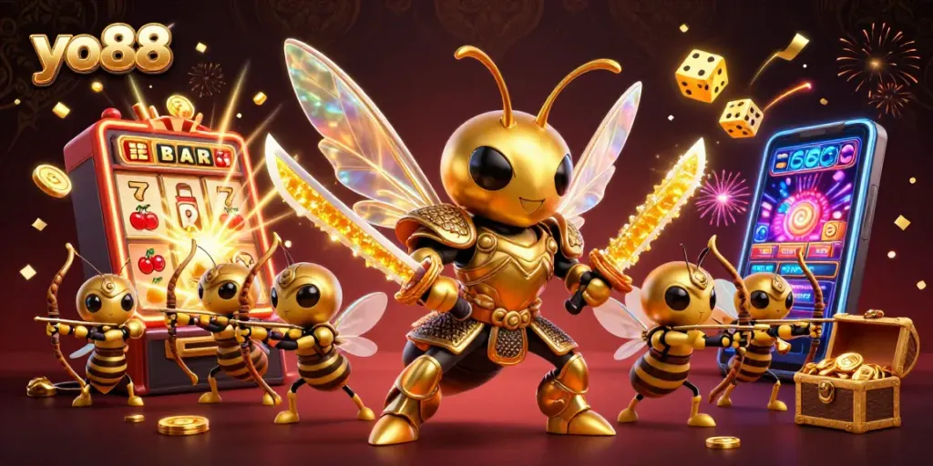 Experience thrilling wins at yo88 with 3D casino fun featuring prismatic golden hornets and slot machines.