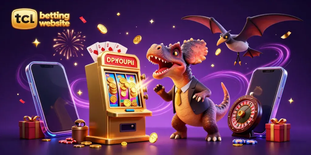 Experience excitement at the tcl betting website with a vivid 3D casino scene of dinosaurs and slot machines.