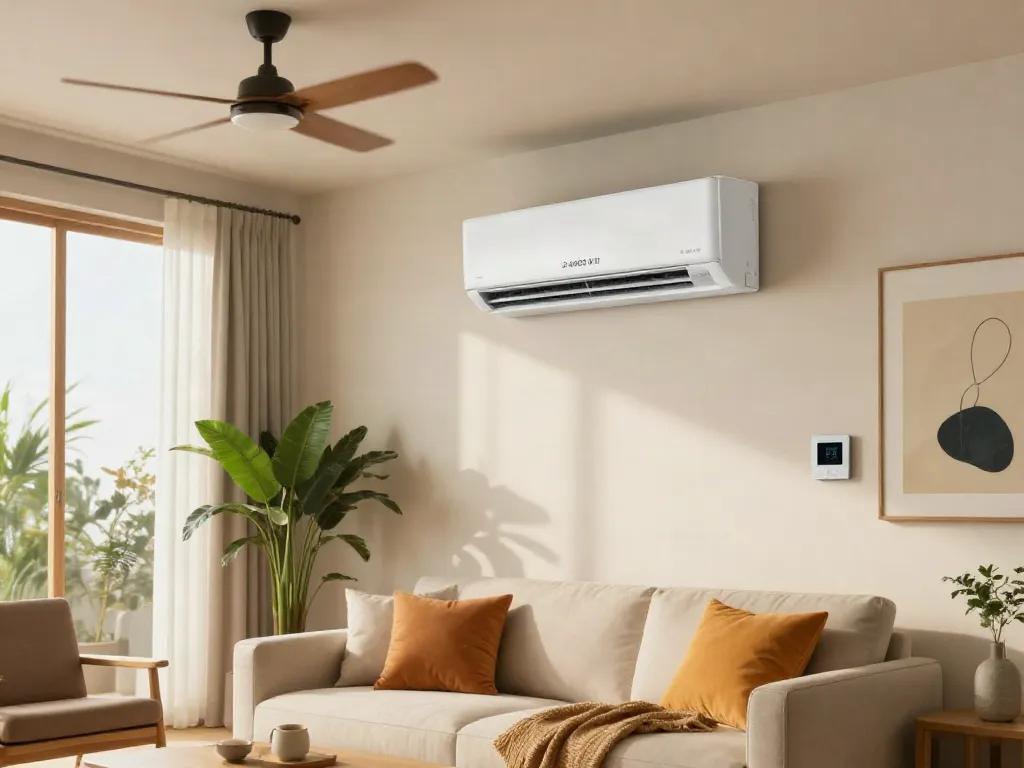 Stylish living room with a 24000 btu mini split air conditioner efficiently cooling the space while enhancing minimalist decor.