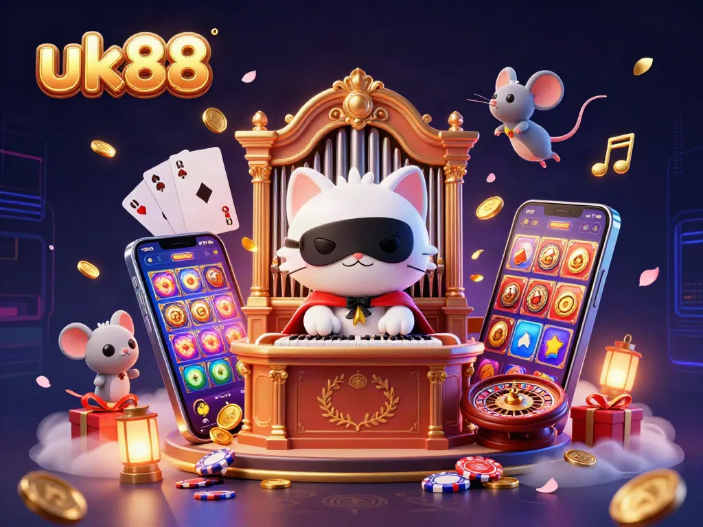 Engaging scene of uk88 showcasing vibrant slot games and dynamic characters in a lavish casino.