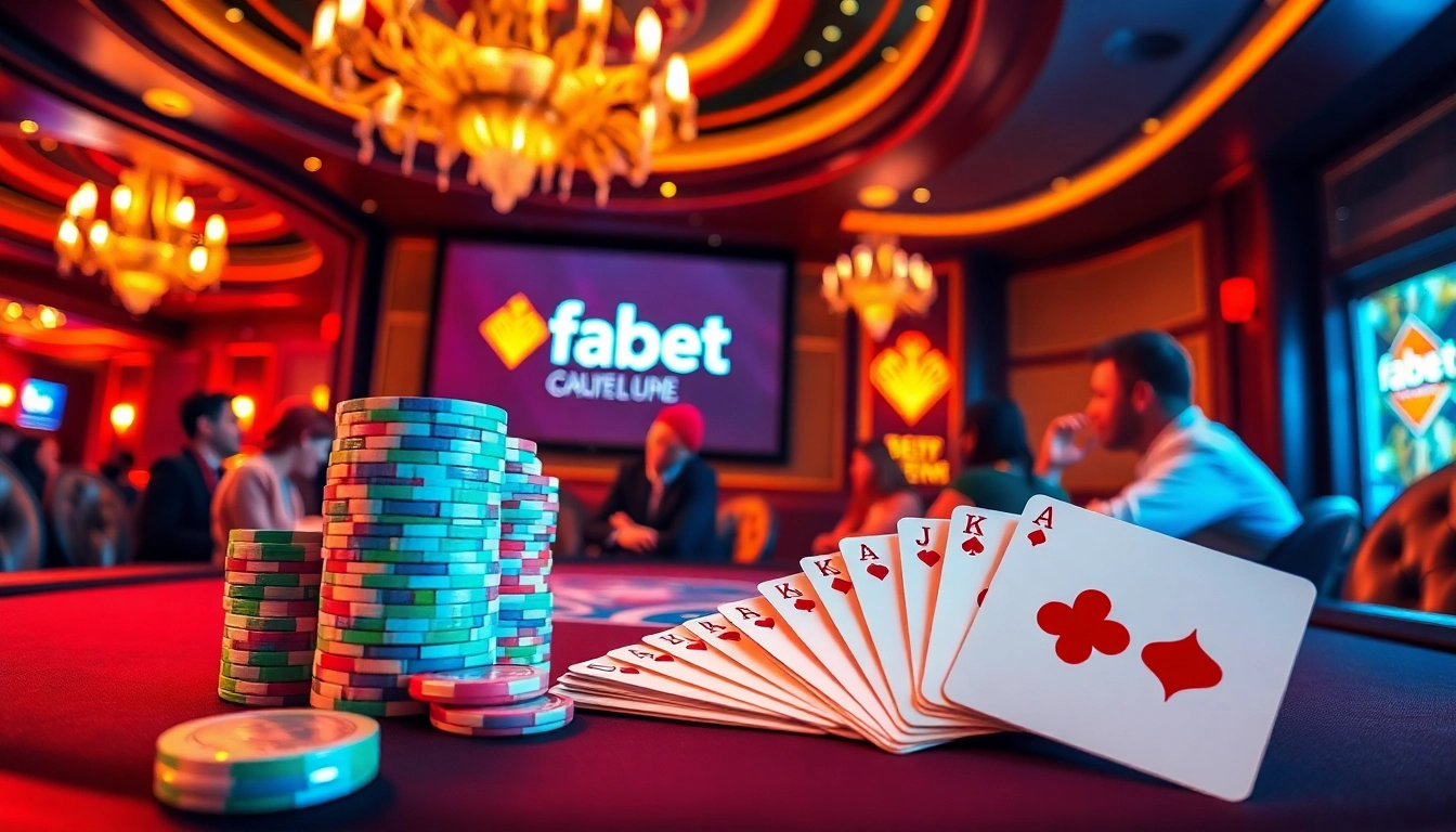 Fabet's vibrant casino scene featuring poker chips and players at the table